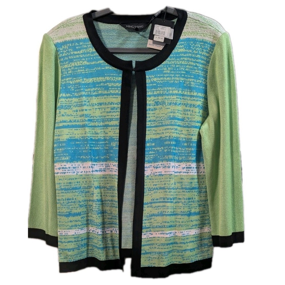 Ming Wang open front cardigan L Striped Multicolor Front Clasp Black Trim Career